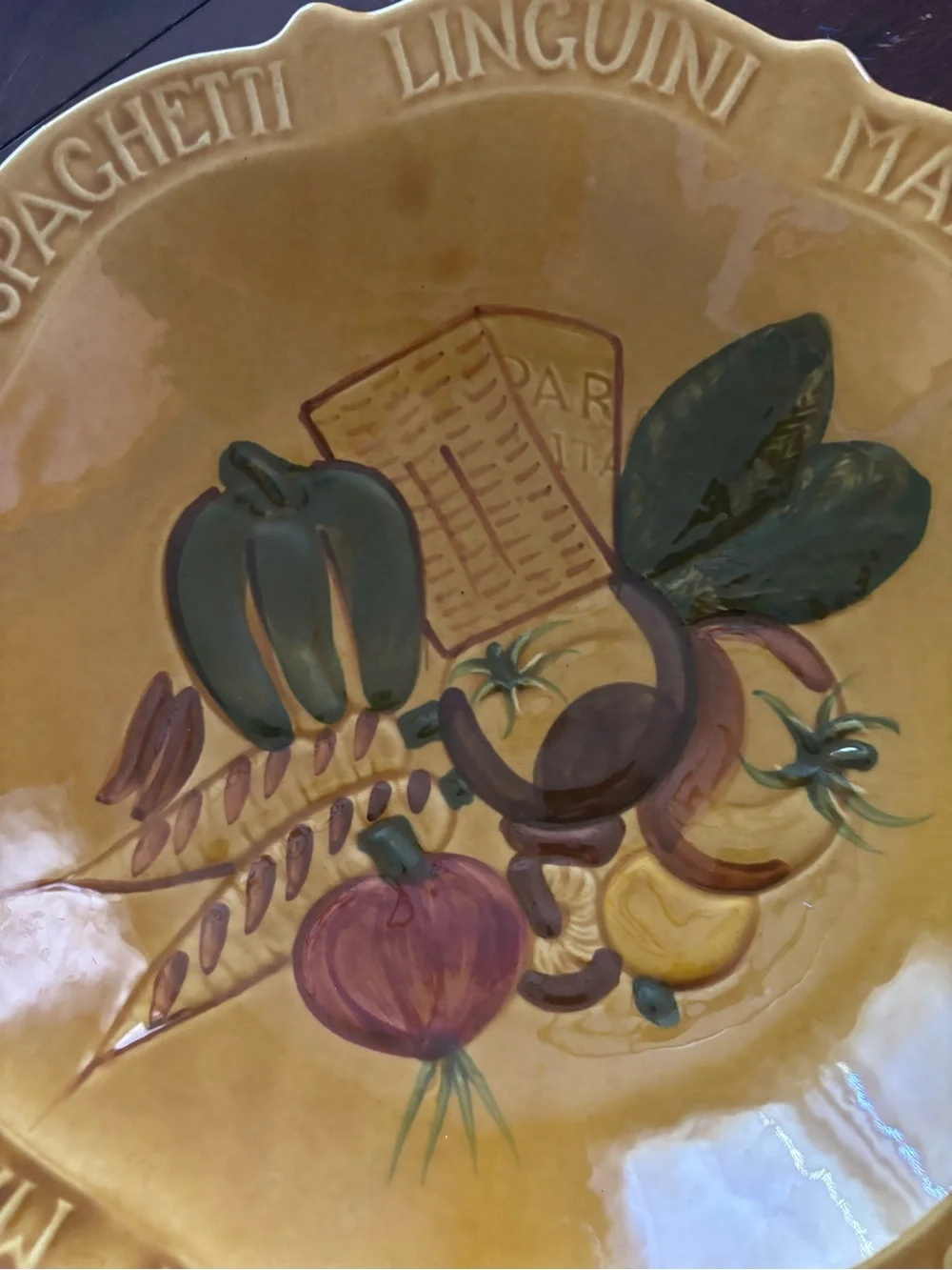 Vintage 14-3/8” California Pottery harvest gold pasta/serving ceramic bowl